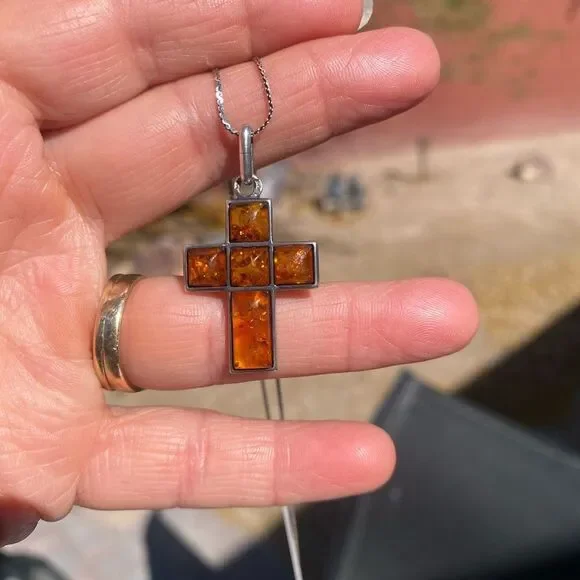 Vtg Estate Art Deco Sterling Silver Amber cross pendant and silver chain 925 - Picture 3 of 7